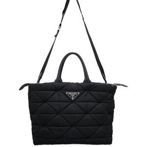 Prada Small Padded ReNylon 2way Tote Shoulder Bag triangle quilting BLACK
